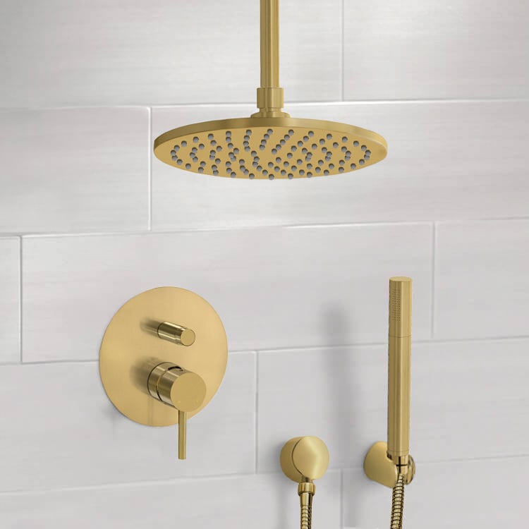 Remer SFH92 Matte Gold Ceiling Shower With 8 Inch Rain Shower Head and Hand Shower